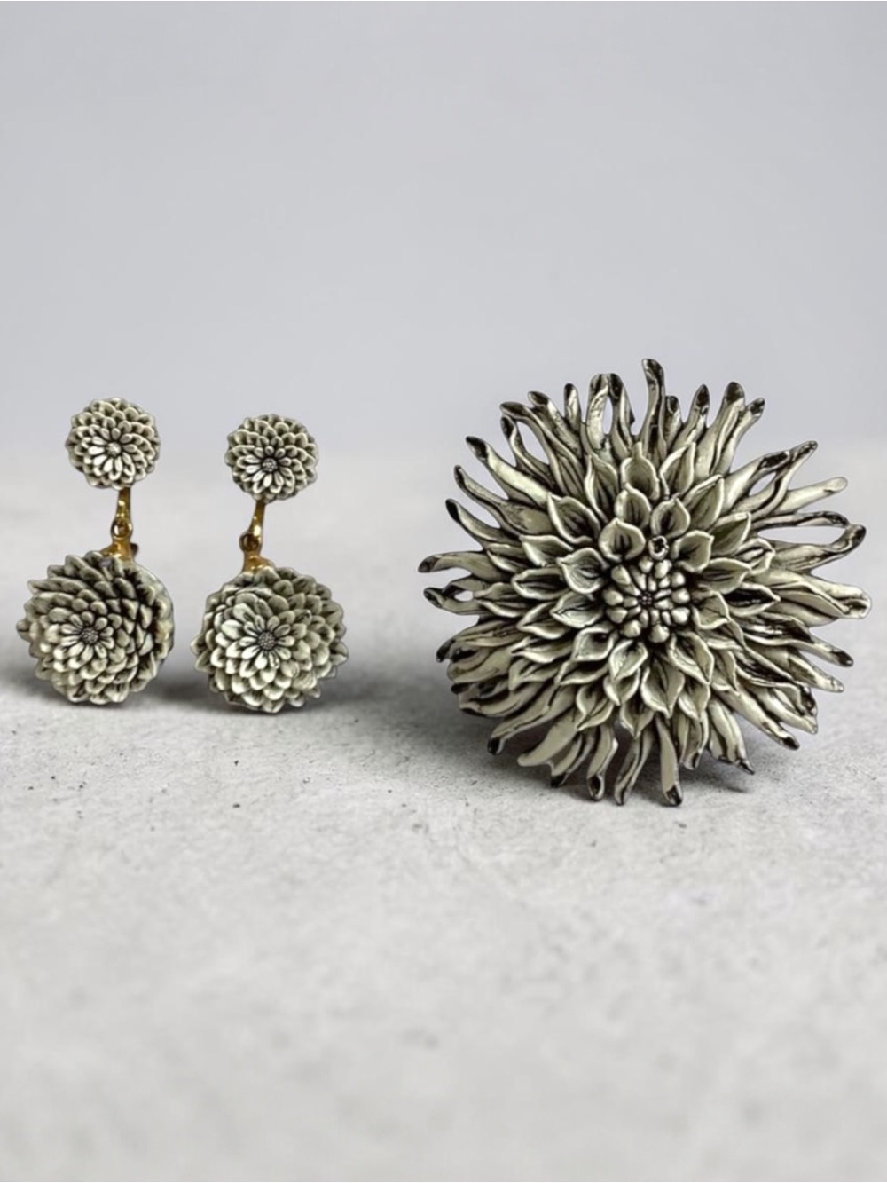 Vintage Mandala Type Flower Drop Dangle Clay Clip-on Earrings and Brooch